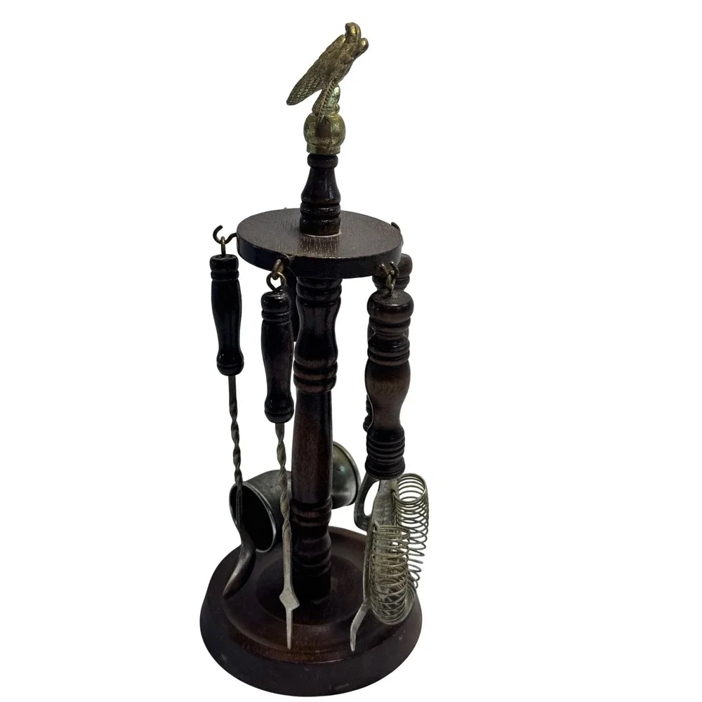 Bar Tool Set Carousel Stand Brass Eagle MCM Style Brown Wood Handle 6pc Mixology